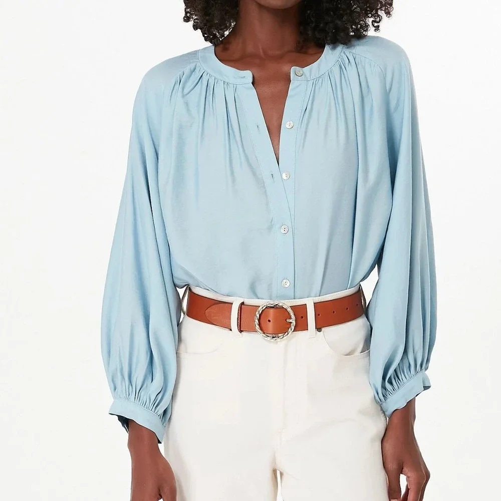 Pomander Place Jett Carolina Blue Blouson Sleeve Poet Shirt, XXL - Picture 2 of 11